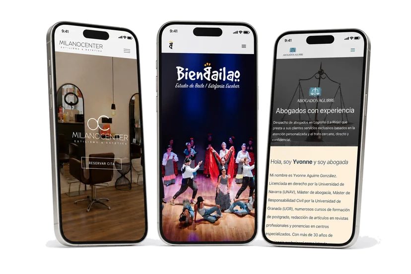 The MilanoCenter, BienBailao and Abogados Aguirre websites in their mobile versions, mounted on three iPhones